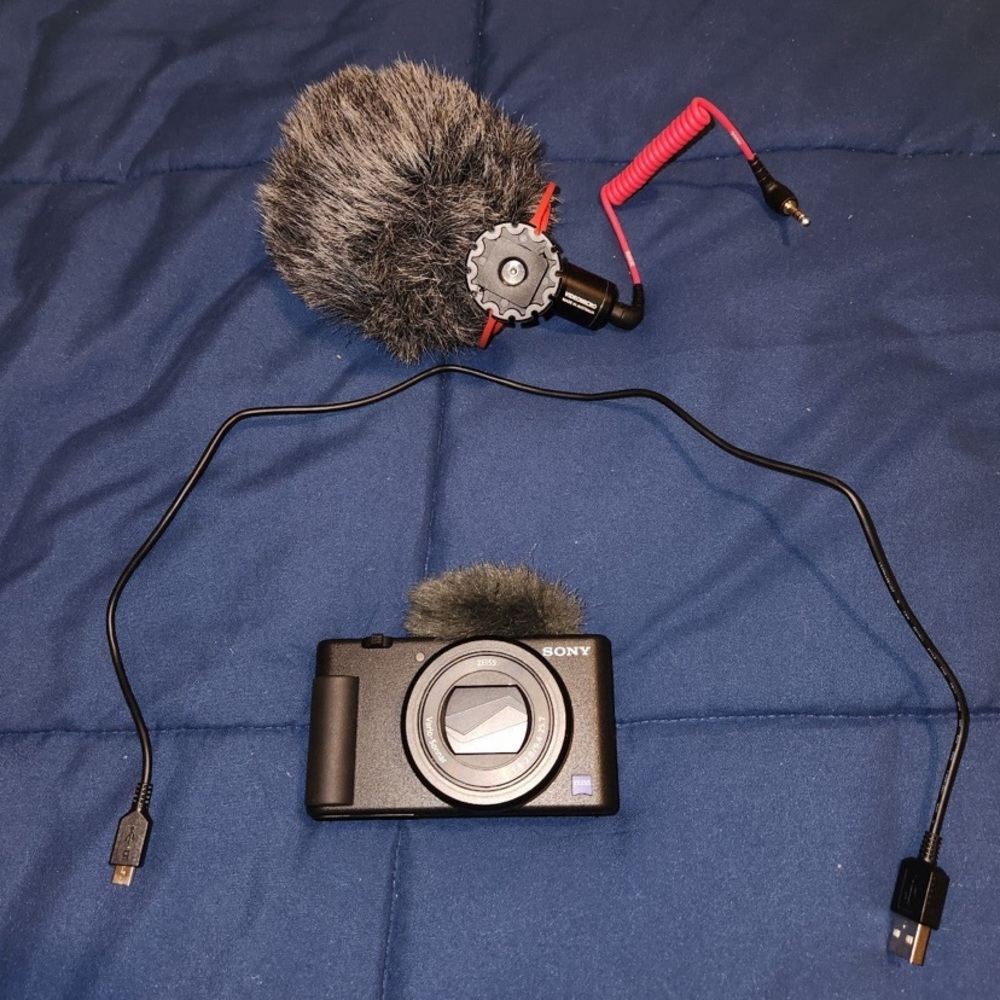 Black Sony ZV1 vlogging camera with mic